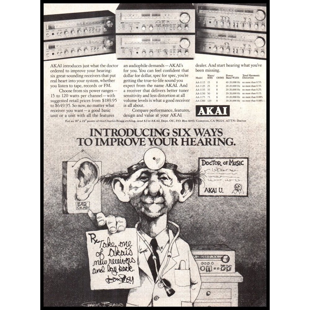 1977 Akai Stereo Receivers Vintage Print Ad Audiophile Doctor's Orders Wall Art